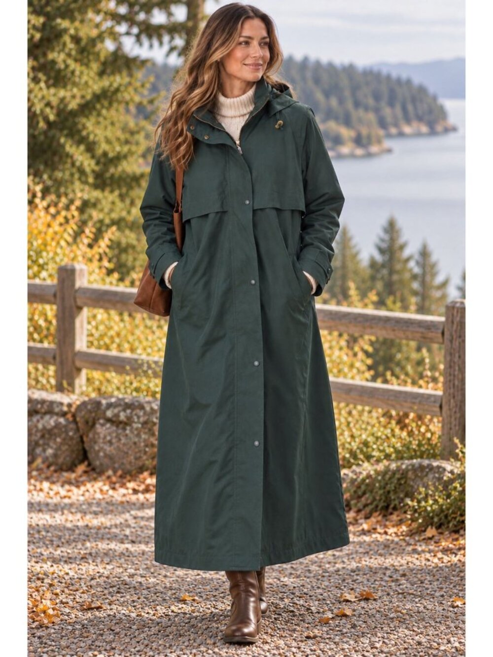 Vintage LL Bean Emerald Green Trench Coat Wool Lined Removeable Hood Petite XL